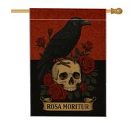 Bandiera da giardino gotica con teschio di corvo, striscione floreale nero e rosso, bandiera da giardino in iuta su entrambi i lati, per decorazione esterna di Halloween, 71 x 101 cm