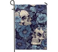 Bandiera da giardino gotica con teschio floreale, fiori blu scuro, decorazione per la casa e il giardino, bandiera da prato in poliestere su entrambi i lati, decorazione per Halloween per esterni