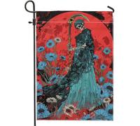 Bandiera da giardino gotica dello scheletro della morte, luna piena rossa, decorazione del patio all'aperto, decorazione del patio all'aperto, arte bifacciale per la stagione delle vacanze, 12 x 18