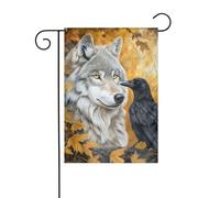 Bandiera da giardino grigia con lupo e corvo, 30 x 45 cm, verticale, double face, decorazione per case in campagna, per esterni, bandiera da cortile