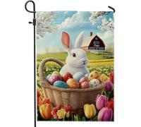 Bandiera da giardino "Happy Easter" a forma di coniglio, con uova colorate, decorazione primaverile e bandiera bifacciale in tela di iuta per prato esterno, 30,5 x 45,7