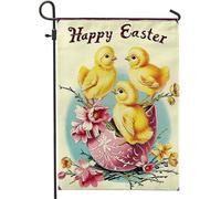 Bandiera Da Giardino Happy Easter Egg Shell Chick Flower Vintage Classic Farmhouse Art Beige Bandiera Da Cortile Colore Vivido Garden Flag Durevole Bandiere Decorative Per Esterno Feste 30X45CM