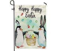 Bandiera Da Giardino Happy Easter Penguin Cute Cartoon Funny Holiday Animal Rabbit Ear Egg White Bandiera Da Cortile Durevole Garden Flag Verticale Bandiere Decorative Per Esterno Feste 30X45CM