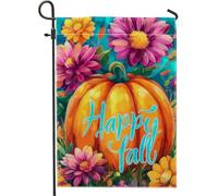 Bandiera da giardino Happy Fall con vivace zucca, decorazione floreale per esterni, striscione in iuta su entrambi i lati, decorazione per la casa autunnale 30,5 x 45,7 cm