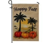 Bandiera da giardino Happy Fall con zucca, palma autunnale, decorazione per esterni, striscione in iuta su entrambi i lati per la decorazione del prato 30,5 x 45,7 cm