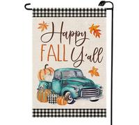 Bandiera Da Giardino Happy Fall Y'All Truck With Pumpkins Thanksgiving Buffalo Plaid Maple Leaves 30X45Cm Bandiera Da Esterno Resistenti Divertenti Bandiere Da Giardino Per Casa Parete Patio