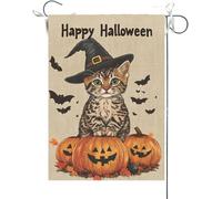Bandiera Da Giardino Happy Halloween Leopard Cat Horror Ghost Castle Pumpkin Fall Autumn Witch Hat Bandiere Decorative Durevole Bandiera Da Cortile Colore Vivido Garden Flag Per Feste 30X45CM