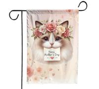 Bandiera Da Giardino Happy Mother'S Day With Flower Crown And Greeting Card Cat Lover Bandiere Decorative Lavabile Bandiera Verticale Impermeabile Garden Flag Per Feste Esterno Festival 30X45CM