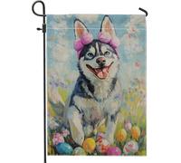 Bandiera da giardino Happy Spring, decorazione pasquale con cane husky colorato, bandiera su entrambi i lati, decorazione natalizia per la casa, vivace opera d'arte con animali, 30,5 x 45,7 cm