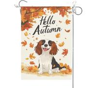 Bandiera Da Giardino Hello Autumn Funny English Springer Spaniel Dog Theme Maple Leaves Fall Thanksgiving Bandiera Verticale Antivento Garden Flag Colore Vivido Bandiere Decorative Per 30X45CM