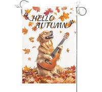 Bandiera Da Giardino Hello Autumn Golden Retriever Playing Guitar Welcome Bandiere Decorative Antivento Bandiera Da Cortile Colore Vivido Garden Flag Per Feste Esterno Festival 30X45CM