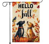 Bandiera Da Giardino Hello Fall Autumn Dogs Leaves Thanksgiving Vertical Bandiere Decorative Resistente Al Sole Garden Flag Colore Vivido Bandiera Da Cortile Per Feste Celebrazioni 30X45CM