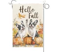 Bandiera Da Giardino Hello Fall,Bulldog Doing A High Five With Each Other Maple Bandiera Verticale Premium Garden Flag Durevole Bandiera Da Cortile Per Celebrazioni Esterno Feste 30X45CM