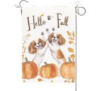 Bandiera Da Giardino Hello Fall,Cavalier King Charles Spaniel Doing A High Five With Each Other Maple Garden Flag Durevole Bandiera Verticale Colore Vivido Bandiera Da Cortile Per 30X45CM