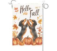Bandiera Da Giardino Hello Fall,Dachshund Doing A High Five With Each Other Maple Bandiera Verticale Durevole Garden Flag Antivento Bandiera Da Cortile Per Celebrazioni Festival Feste 30X45CM