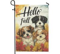 Bandiera da giardino Hello Fall Dogs, decorazione autunnale con cuccioli carini, striscione in iuta su entrambi i lati per decorazione esterna del prato, cartello di benvenuto per la casa stagionale