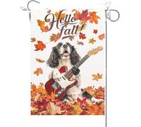 Bandiera Da Giardino Hello Fall English Springer Spaniel Playing Guitar Bandiere Decorative Premium Bandiera Da Cortile Antivento Garden Flag Per Esterno Festival Celebrazioni 30X45CM
