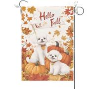 Bandiera Da Giardino Hello Fall Funny Bichon Frise Dogs Theme Maple Leaves Fall Thanksgiving Bandiere Decorative Antivento Bandiera Da Cortile Colore Vivido Garden Flag Per Esterno Feste 30X45CM
