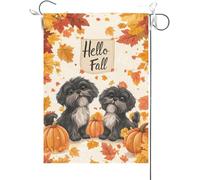Bandiera Da Giardino Hello Fall Funny Black Shih Tzu Dogs Theme Maple Leaves Fall Thanksgiving Bandiere Decorative Durevole Garden Flag Colore Vivido Bandiera Da Cortile Per Feste 30X45CM