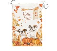 Bandiera Da Giardino Hello Fall Funny Bulldog Dogs Theme Maple Leaves Fall Thanksgiving Bandiera Da Cortile Durevole Bandiere Decorative Colore Vivido Garden Flag Per Esterno 30X45CM