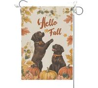 Bandiera Da Giardino Hello Fall Funny Chocolate Labrador Dog Dogs Theme Maple Leaves Fall Thanksgiving Bandiera Verticale Premium Bandiere Decorative Antivento Garden Flag Per Feste 30X45CM