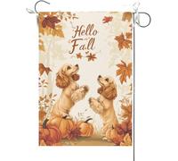 Bandiera Da Giardino Hello Fall Funny Cocker Spaniel Dogs Theme Maple Leaves Fall Thanksgiving Bandiere Decorative Premium Bandiera Da Cortile Durevole Bandiera Verticale Per Feste 30X45CM