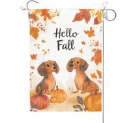 Bandiera Da Giardino Hello Fall Funny Dachshund Dogs Theme Maple Leaves Fall Thanksgiving Bandiera Da Cortile Antivento Bandiere Decorative Durevole Garden Flag Per Feste Esterno 30X45CM