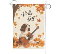 Bandiera Da Giardino Hello Fall,Funny English Springer Spaniel Playing Guitar Maple Garden Flag Colore Vivido Bandiera Da Cortile Durevole Bandiera Verticale Per Feste Esterno Festival 30X45CM