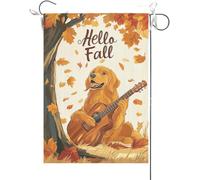 Bandiera Da Giardino Hello Fall,Funny Golden Retriever Playing Guitar Maple Bandiera Verticale Premium Bandiera Da Cortile Colore Vivido Bandiere Decorative Per Esterno Celebrazioni 30X45CM