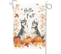 Bandiera Da Giardino Hello Fall Funny Husky Dogs Theme Maple Leaves Fall Thanksgiving Bandiere Decorative Premium Bandiera Da Cortile Colore Vivido Bandiera Verticale Per Esterno 30X45CM