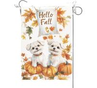 Bandiera Da Giardino Hello Fall Funny Maltese Dog Dogs Theme Maple Leaves Fall Thanksgiving Bandiere Decorative Durevole Bandiera Da Cortile Antivento Bandiera Verticale Per Feste 30X45CM