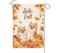 Bandiera Da Giardino Hello Fall Funny Pomeranian Dogs Theme Maple Leaves Fall Thanksgiving Bandiere Decorative Durevole Bandiera Verticale Antivento Bandiera Da Cortile Per Esterno 30X45CM