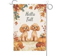 Bandiera Da Giardino Hello Fall Funny Poodle Dogs Theme Maple Leaves Fall Thanksgiving Bandiere Decorative Durevole Bandiera Da Cortile Colore Vivido Garden Flag Per Feste Celebrazioni 30X45CM