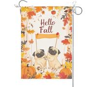 Bandiera Da Giardino Hello Fall Funny Pug Dog Dogs Theme Maple Leaves Fall Thanksgiving Garden Flag Colore Vivido Bandiera Da Cortile Durevole Bandiere Decorative Per Celebrazioni Feste 30X45CM