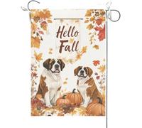 Bandiera Da Giardino Hello Fall Funny Saint Bernard Dogs Theme Maple Leaves Fall Thanksgiving Bandiere Decorative Antivento Bandiera Da Cortile Colore Vivido Garden Flag Per Feste 30X45CM