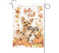 Bandiera Da Giardino Hello Fall Funny Yorkie Dogs Theme Maple Leaves Fall Thanksgiving Bandiera Verticale Durevole Bandiere Decorative Colore Vivido Bandiera Da Cortile Per Esterno 30X45CM
