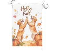 Bandiera Da Giardino Hello Fall,Golden Retriever Doing A High Five With Each Other Maple Bandiera Da Cortile Durevole Bandiere Decorative Colore Vivido Garden Flag Per Feste Esterno 30X45CM