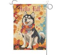 Bandiera Da Giardino Hello Fall Husky Maple Leaves Fall Thanksgiving Bandiere Decorative Premium Bandiera Da Cortile Antivento Bandiera Verticale Per Festival Feste Celebrazioni 30X45CM