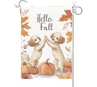 Bandiera Da Giardino Hello Fall,Poodle Doing A High Five With Each Other Maple Bandiera Verticale Durevole Garden Flag Colore Vivido Bandiera Da Cortile Per Celebrazioni Festival Feste 30X45CM