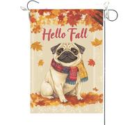 Bandiera Da Giardino Hello Fall Pug Dog Maple Leaves Fall Thanksgiving Bandiera Da Cortile Durevole Bandiere Decorative Premium Bandiera Verticale Per Esterno Feste Festival 30X45CM
