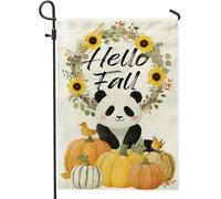 Bandiera da giardino Hello Fall Pumpkin Panda, girasoli gialli, striscione decorativo per la casa, in iuta su entrambi i lati, decorazione per prato all'aperto per feste autunnali, 30,5 x 45,7 cm