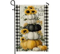 Bandiera Da Giardino Hello Fall Pumpkin Yellow Sunflowers Black White Checkered Garden Flag Premium Bandiera Verticale Colori Vivaci Bandiere Decorative Per Feste Celebrazioni Festival 30X45CM