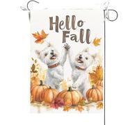 Bandiera Da Giardino Hello Fall,Westie Dog Doing A High Five With Each Other Maple Bandiera Verticale Antivento Garden Flag Colore Vivido Bandiera Da Cortile Per Feste Esterno 30X45CM