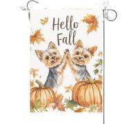 Bandiera Da Giardino Hello Fall,Yorkie Doing A High Five With Each Other Maple Bandiere Decorative Premium Bandiera Da Cortile Antivento Garden Flag Per Festival Esterno Celebrazioni 30X45CM