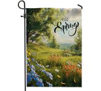 Bandiera Da Giardino Hello Spring Flower Nature Landscape Tree Cottage Core Cloud Green Garden Flag Durevole Bandiera Da Cortile Resistente Al Sole Bandiere Decorative Per Feste 30X45CM