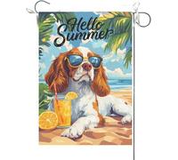 Bandiera Da Giardino Hello Summer English Springer Spaniel Beach Bandiere Decorative Durevole Bandiera Da Cortile Premium Bandiera Verticale Per Esterno Festival Celebrazioni 30X45CM