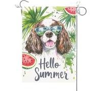 Bandiera Da Giardino Hello Summer English Springer Spaniel Watermelon With Beach Bandiera Verticale Antivento Garden Flag Colore Vivido Bandiera Da Cortile Per Celebrazioni Feste 30X45CM