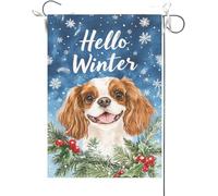 Bandiera Da Giardino Hello Winter Cavalier King Charles Spaniel Pine Twigs,Christmas Xmas Bandiere Decorative Antivento Bandiera Da Cortile Premium Garden Flag Per Feste Celebrazioni 30X45CM