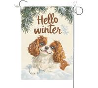 Bandiera Da Giardino Hello Winter Cavalier King Charles Spaniel,Snowflake,Christmas Xmas Bandiera Da Cortile Antivento Bandiera Verticale Durevole Bandiere Decorative Per Feste Esterno 30X45CM