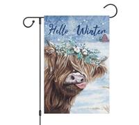 Bandiera Da Giardino Hello Winter Cow Snow Highland Cattle Winter Bandiera Da Cortile Resistente Al Sole Bandiere Decorative Colore Vivido Garden Flag Per Feste Celebrazioni Festival 30X45CM